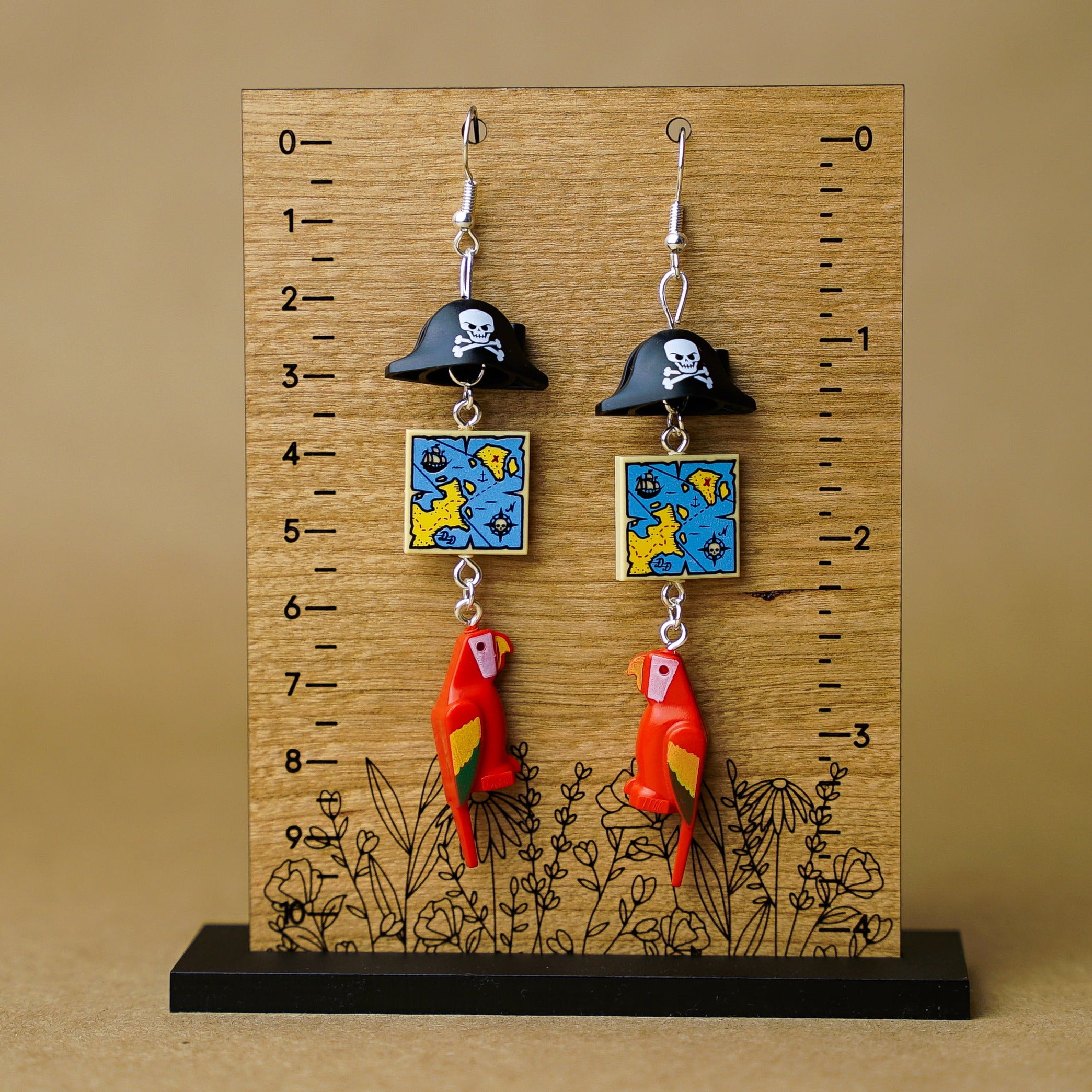 StudBee - Caribbean Pirate Earrings, Miniature Treasure Map Parrot Jewelry, Handmade with Lego® - StudBee